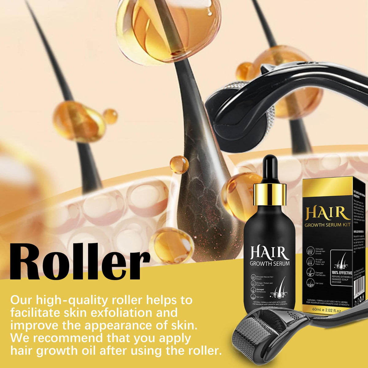 Hair Growth Oil & Derma Roller Kit – 0.25mm Scalp Care Set for At-Home Use